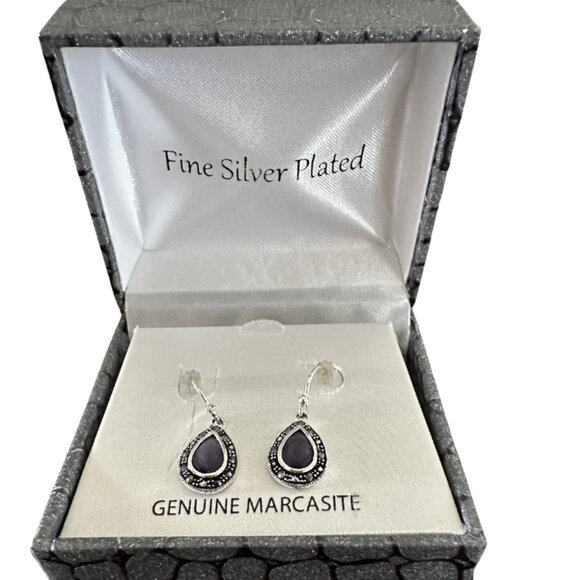 Genuine Marcasite and Amethyst Fine Silver Plated Pierced Earrings New in Box - Picture 1 of 4